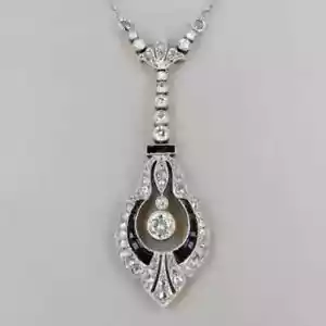 Art Deco Style Round Cut Lab Created Diamond Sapphire 14K White Gold FN Pendant - Picture 1 of 6