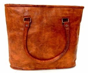 16" Women Vintage Wax Genuine Brown Leather Tote Shoulder Bag Handmade Purse - Picture 1 of 4