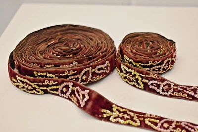 Antique Parsi Gara Sari Kor Border Lace Hand Embroidery Velvet Beaded Glass 2pc" - Image 1 of 4