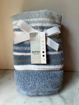 SET OF 2 New QUICK DRY 100% Cotton Hand Towel striped blue white gray… - Image 1 of 4