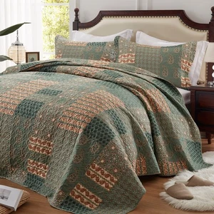 Quilt Set - Full/Queen Size Floral Paisley Olive Green Bedding Set with 2 Pil... - Picture 1 of 7