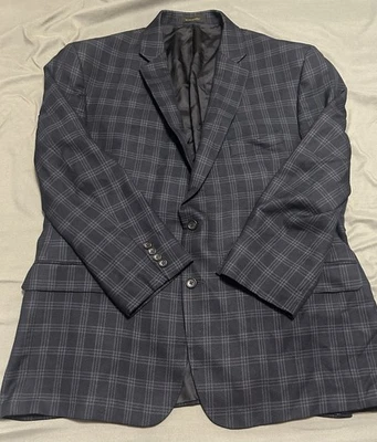 Joseph Jos A Bank Blazer Sport Coat Men Sz 48 R Navy Blue Plaid 52% Silk Wool - Image 1 of 4