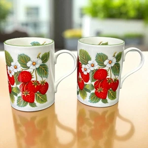 Crown Trent Strawberry (Green Trim) Mugs • 3 7/8″ Fine Bone China, England (2) - Picture 1 of 8