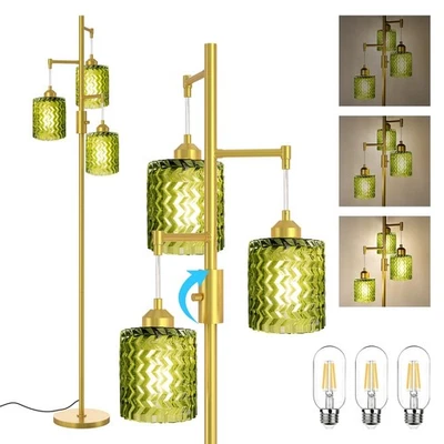 Lámpara de pie dorada para sala de estar, lámpara de pie vintage de vidrio verde de 3 luces, B... Foto 1 de 4