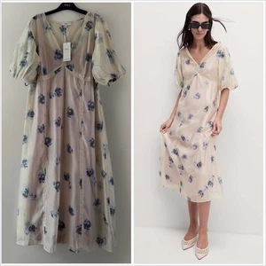 M&S Collection Sheer Printed V-Neck Midi Tea Dress Size 14 Regular - Picture 1 of 23