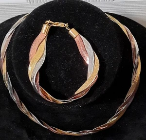 Vintage Tri-Colored Braided Herringbone Plated Chain Necklace & Bracelet Set《》《》 - Picture 1 of 7