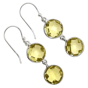 Lemon Quartz Checker Briolette 925 Sterling Silver Earrings Jewelry E-1006 - Picture 1 of 5