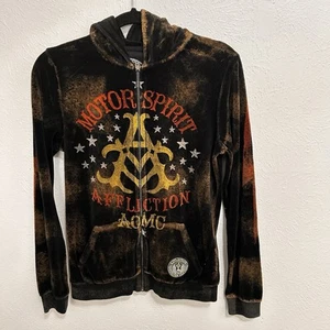 VTG Affliction Zip Up Hoodie Brown Velvet Skull Wings Gothic Y2K Motor Spirit L - Picture 1 of 11
