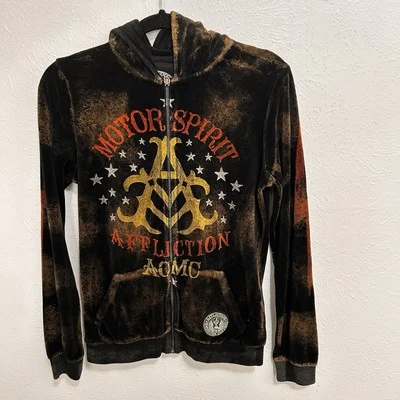 De Colección Affliction Sudadera con Capucha Cremallera Marrón Terciopelo Calavera Alas Gótico Y2K Motor Spirit L Foto 1 de 4