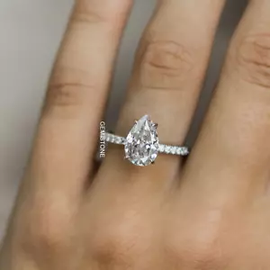 Pear Cut Moissanite Pave Solitaire 4 CT Engagement Ring For Women 14K White Gold - Picture 1 of 6