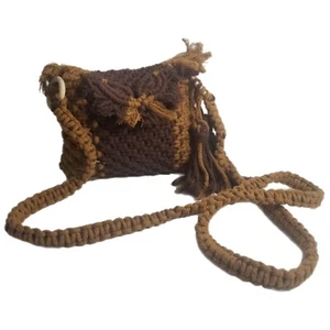 Borsa a mano vintage anni 70 macramè borsa a tracolla marrone uncinetto nappa HTF - Foto 1 di 11