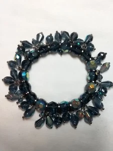 Lia Sophia Dangle Stretch Bracelet Navy Blue Green Aurora Borealis Glass Beads - Picture 1 of 6