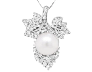Micro Pave Set Lab-Created White Diamonds & Pearl Leaf Design Women's Pendant - Picture 1 of 7