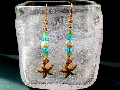 Star Fish Charm Earrings/Pearls/ Blue and Green  Accents/ Gold Tone  2.5" Length - Image 1 of 4