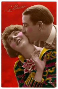 Foto postal real art deco pareja beso años 30 teñido a mano francés romántico RPPC - Imagen 1 de 2