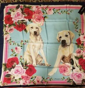 Dolce & Gabbana Silk Scarf Shawl Rose and Labrador Dog Print Authentic