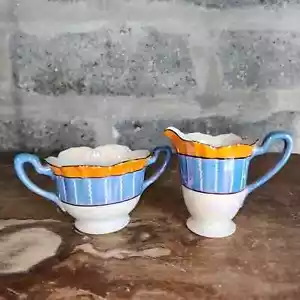 NORITAKE Japan SUGAR CREAMER vintage orange blue art deco Lusterware - Picture 1 of 12