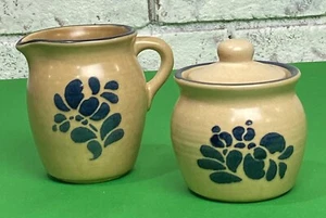 Vintage Pflatzgraff Stoneware Tan/Blue Country Style Ceramic Sugar & Creamer Set - Picture 1 of 18