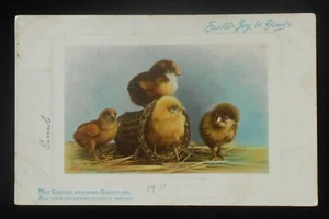 Postkarte Ostergrüße 1910er Jahre vier süße Küken eins in einem Korb stecken - Bild 1 von 1