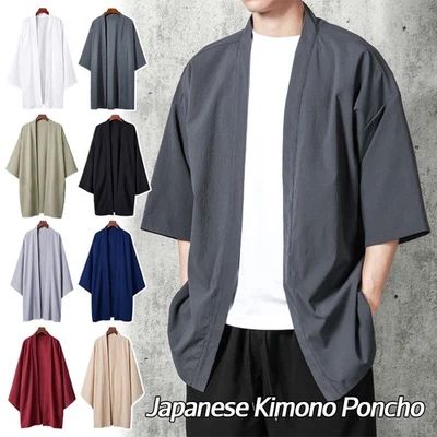 Mens Long Solid Japanese Kimono Poncho Casual Yukata Shirt Jacket Open Front - Image 1 of 4