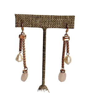 Vintage Rose Quartz Dangle Earrings Rose Gold Plated with Pearls & Rhinestones - Picture 1 of 8