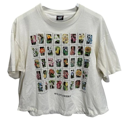 Camiseta Gráfica Estampillas Flores Silvestres USPS De Colección 1992 Talla XL Recortada Blanca  Foto 1 de 4