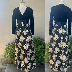 Vtg Glam Maxi Evening Dress Black Gold Velvet Brocade Chiffon 6 Sm Roger Milot - Picture 1 of 12