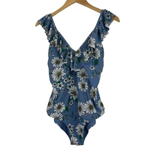 Jessica Simpson L Large One Piece Swimsuit Blue Daisy Ruffle V-neck Lined GUC 03 - Picture 1 of 8