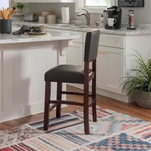 Linon Monaco 24" Upholstered Wood & Faux Leather Counter Stool in Espresso/Brown - Picture 1 of 11