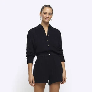 River Island Womens Elasticated Shorts Black High Waisted Slip Pockets Bottoms - Picture 1 of 9