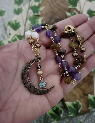 Moon Lover Crystal Magick Necklace - Amethyst & Tigers Eye - Pagan Wicca Witch - Image 1 of 3