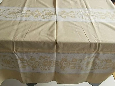 Nappe vintage coton jaune pale avec liteaux fleuris gris et blanc - Photo 1/4