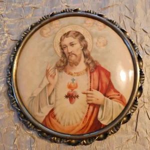 Antique French Sacred Heart of Jesus Domed Enamel Wall Plaque Ornate Brass Frame - Picture 1 of 4