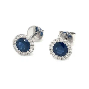 Roman + Jules Fine Quality Blue Sapphire and Diamond Halo Earrings in 18 Kt Whit - Picture 1 of 8
