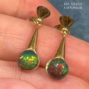 10k Yellow Gold Ethiopian Black Jelly Opal Dangle Earrings **Video** - Picture 1 of 10