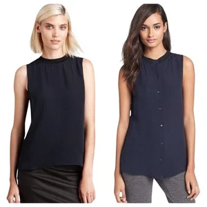 Theory Blouse Klimora Silk Top Button Crew Neck Sleevless Navy Blue Black S - Picture 1 of 6