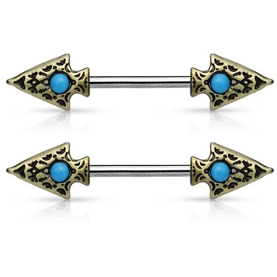 Par de anillos de pezón barra acero quirúrgico lanza tribal turquesa 14G Foto 1 de 3