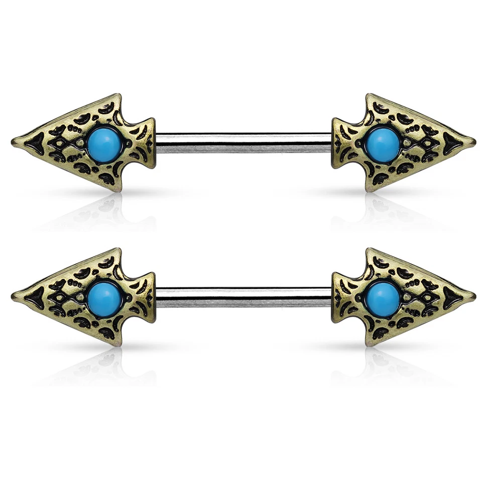 Par de anillos de pezón barra acero quirúrgico lanza tribal turquesa 14G Foto 1 de 3