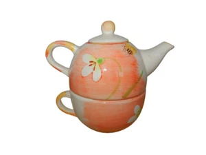Vtg Single Serve Stacking Teapot & Teacup w/ Honeybee Flower Design Lid Chipped - Picture 1 of 14