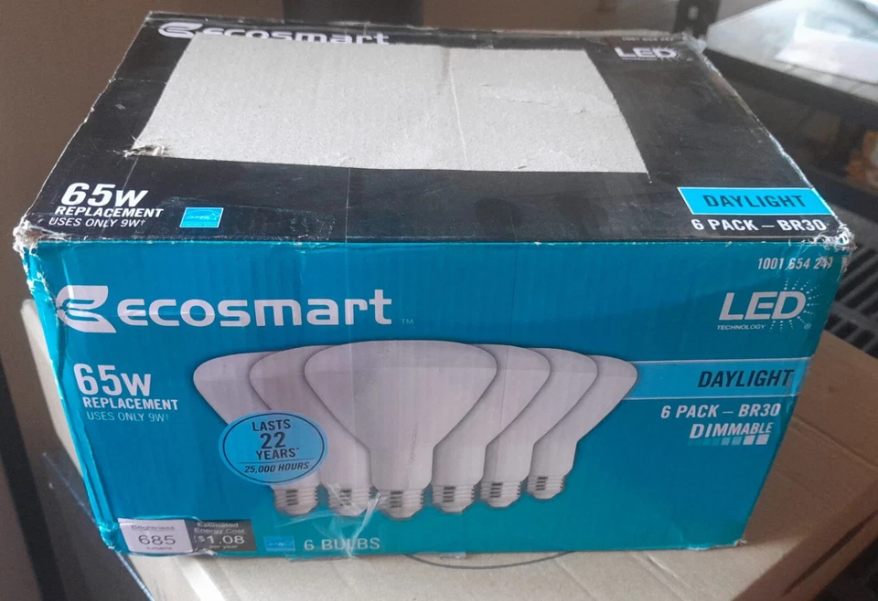 EcoSmart 65/9W Equivalent Daylight White BR30 Dimmable LED Light Bulb (6 pack} - Image 1 of 2