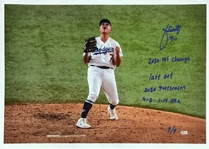7/7 JULIO URIAS DODGERS SIGNED 22X32 CANVAS "2020 WS CHAMPS, LAST OUT" INS BAS - Picture 1 of 7