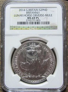 RARE 2014 UK Royal Mint Silver 1oz. 2£ BRITANNIA MULE ERROR NGC MS 69 PL - Picture 1 of 4