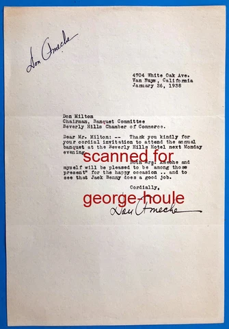 DON AMECHE - LETTER - SIGNED - 1938 - BEVERLY HILLS - JACK BENNY - COCOON - AA Cover