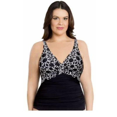NEW GOTTEX PROFILE 24W swimsuit solid black white tankini top ruched padded 24 W - Image 1 of 2