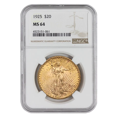 1925 $20 Gold Saint Gaudens Double Eagle NGC MS64 Choice Graded Gold coin Cover