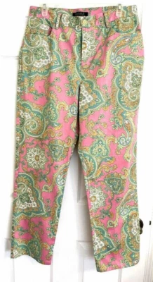 EUC  Ralph Lauren Paisley Stretch Straight Leg Pants Sz 12 Pink and Greens - Image 1 of 3
