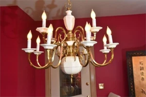 Georgian Candle-Style 2-Tier Polished Brass & White Porcelain Chandelier 12 Arms - Picture 1 of 8