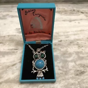 Vtg Indian Turquoise Color Boxed Owl Pendant Handcrafted by Kochina Silver Tone - Picture 1 of 7