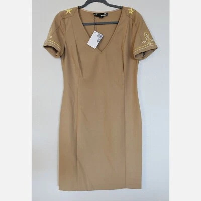 Love Moschino Tan V Neck Embroidered Military Style Dress Size 10 - Image 1 of 4