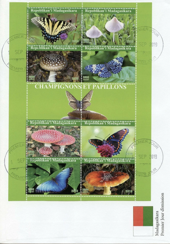 Madagascar 2019 FDC Mushrooms & Butterflies 8v M/S Cover Butterfly Fungi Stamps - Image 1 of 1